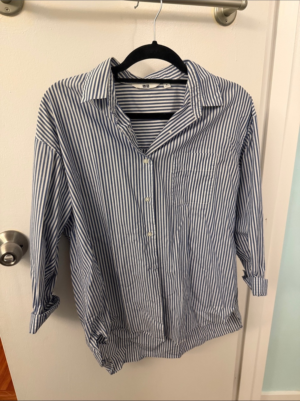 Uniqlo women’s Navy and White Vertical Stripe Button-Down Shirt